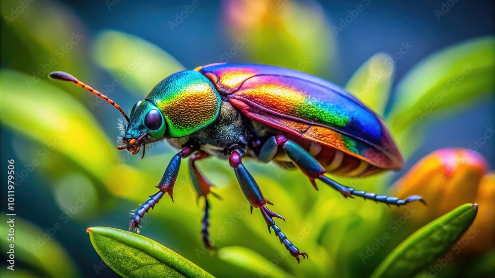 Colorful Beetle in Flight Against a Soft Focus Nature Background with Greenery and Bright Colors Colorful Beetle in Flight Against a Soft Focus Nature Background with Greenery and Bright Colors