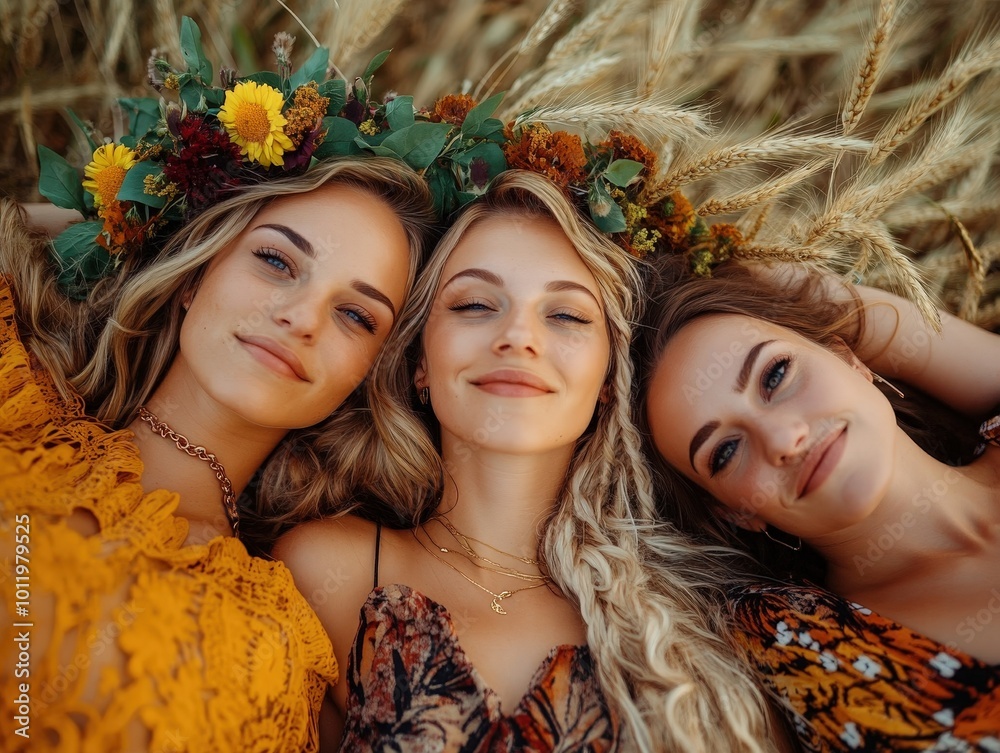 Three women adorned with floral crowns lie in a wheat field, smiling and embracing the beauty of nature and friendship, showcasing harmony and serenity. Three women adorned with floral crowns lie in a wheat field, smiling and embracing the beauty of nature and friendship, showcasing harmony and serenity.