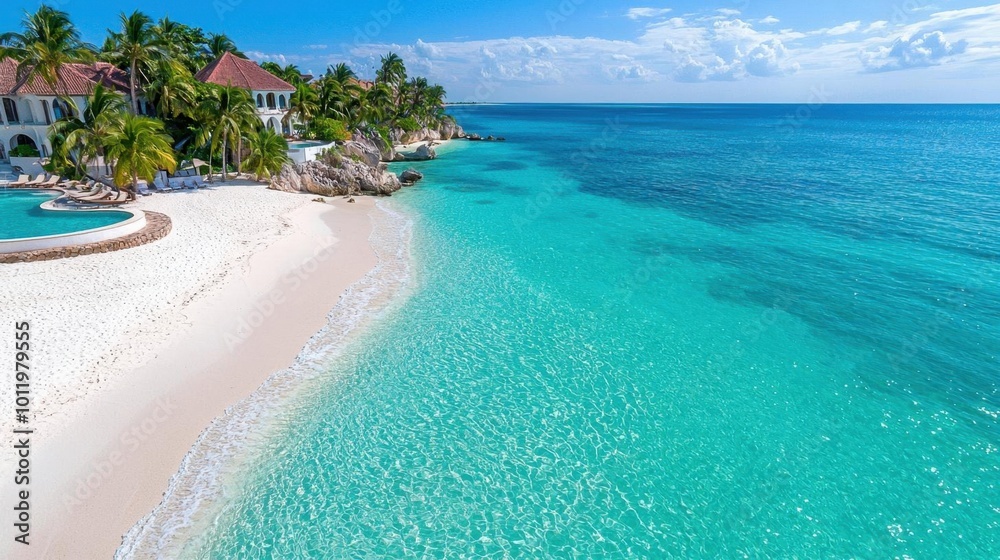Fototapeta premium A photostock image of a luxurious beachfront resort with white sand, palm trees, and turquoise water