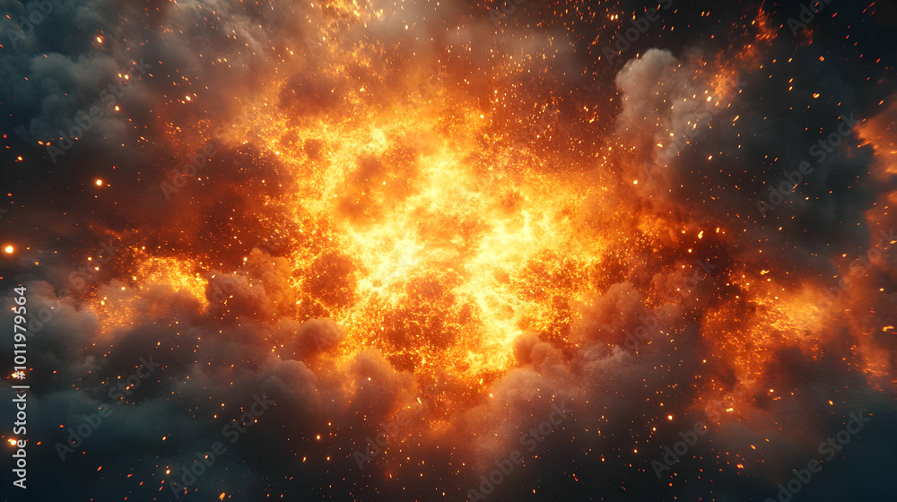 Fiery Explosion with Smoke and Sparks - 3D Illustration Fiery Explosion with Smoke and Sparks - 3D Illustration