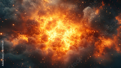 Fiery Explosion with Smoke and Sparks - 3D Illustration