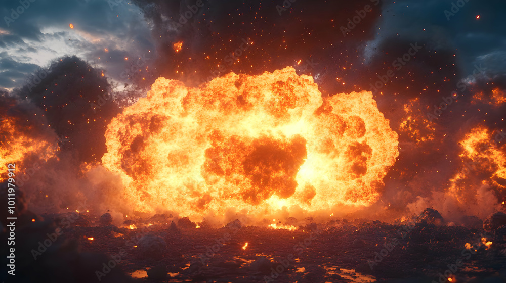 Fiery Explosion with Smoke and Sparks - 3D Illustration Fiery Explosion with Smoke and Sparks - 3D Illustration