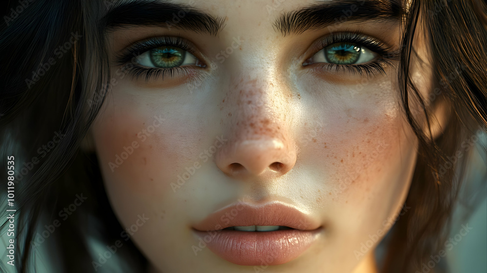 Closeup Portrait Illustration of a Woman's Face with Green Eyes and Freckles Closeup Portrait Illustration of a Woman's Face with Green Eyes and Freckles