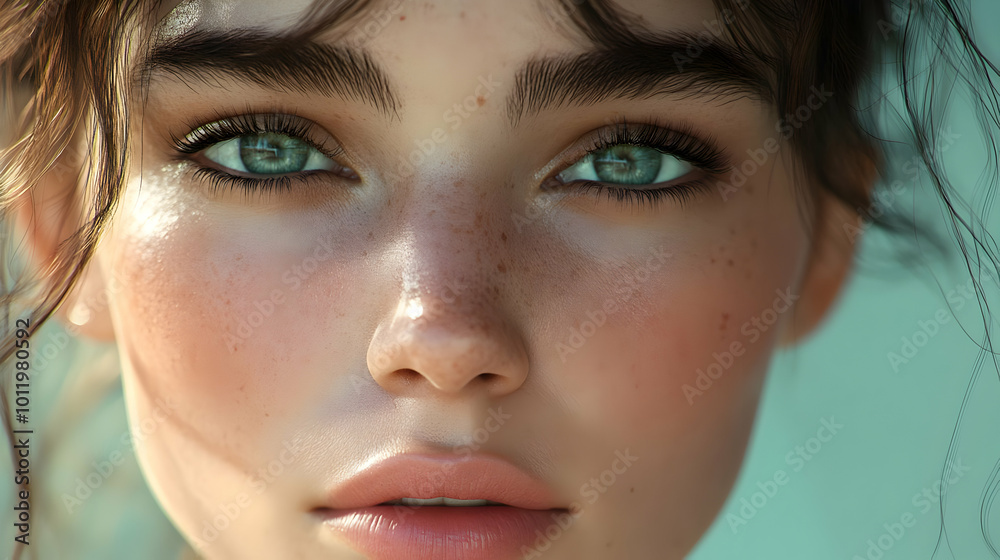Close-up Portrait of a Woman's Face with Green Eyes and Freckles - 3d Illustration Close-up Portrait of a Woman's Face with Green Eyes and Freckles - 3d Illustration