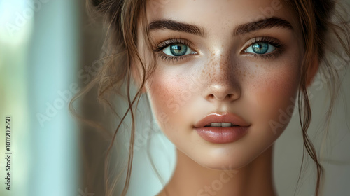 Close-up Portrait of a Woman with Blue Eyes and Freckles - Realistic Illustration