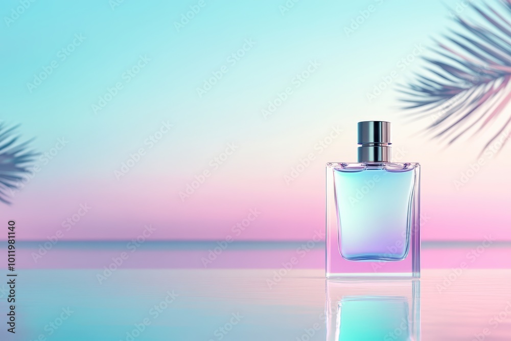 a bottle of perfume sitting on the water with palm trees in the background a bottle of perfume sitting on the water with palm trees in the background