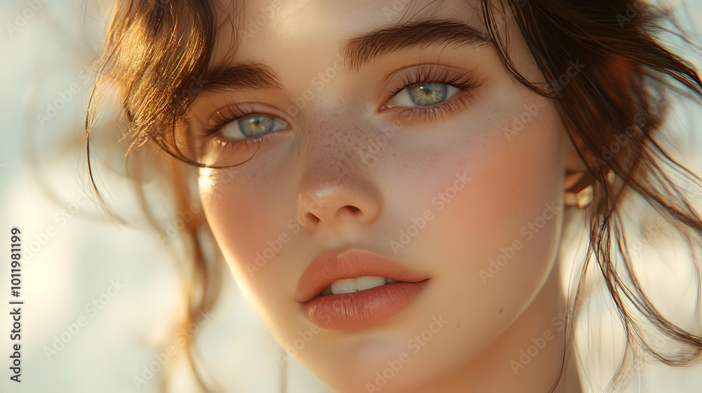Closeup Portrait of a Woman with Freckles and Brown Hair - 3D Illustration Closeup Portrait of a Woman with Freckles and Brown Hair - 3D Illustration
