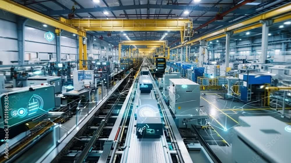 Smart factory with a network of interconnected machines working autonomously, showcasing the power of industry 4.0 and the future of manufacturing