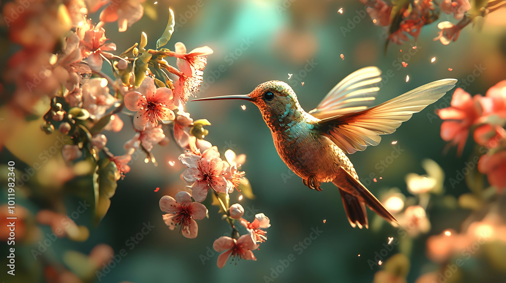 Naklejka premium Hummingbird in Flight Near Pink Flowers Illustration