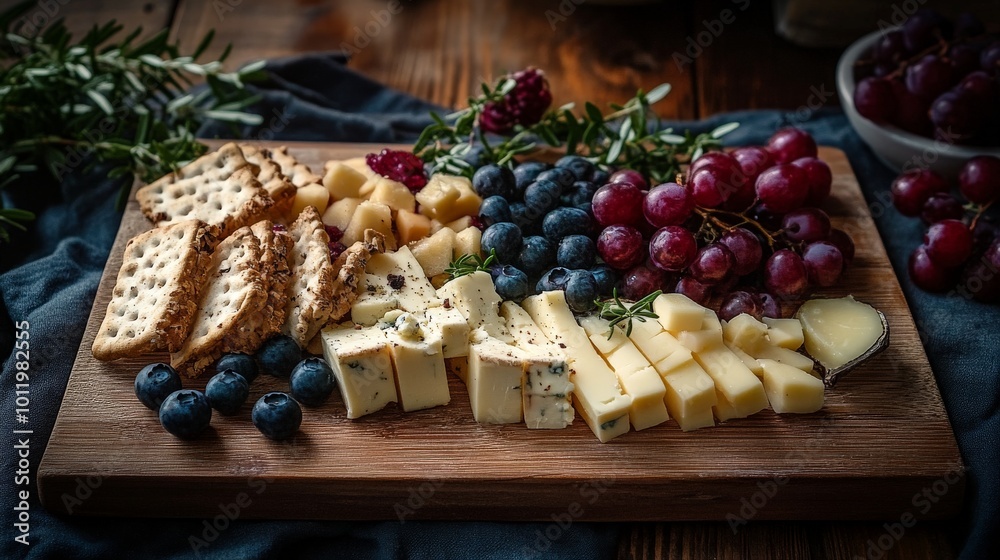 Assorted Cheeses, Honey, Figs, and Grapes Served on Wooden Board for Gourmet Dining Assorted Cheeses, Honey, Figs, and Grapes Served on Wooden Board for Gourmet Dining