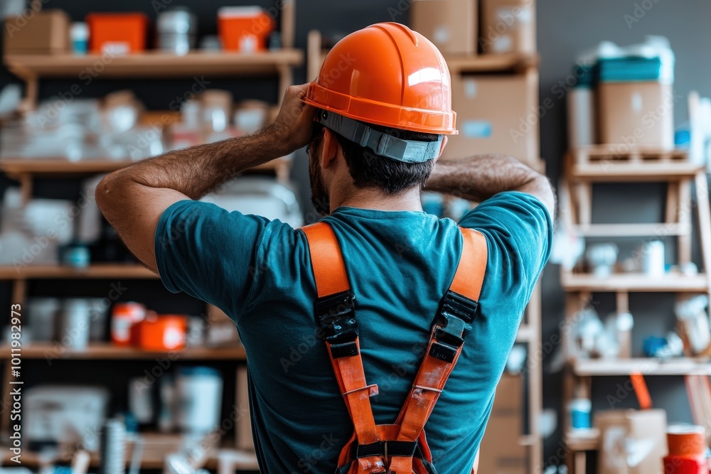 A construction worker in protective gear adjusts his hard hat in a messy workshop setting, suggesting an environment of hard work and preparation for tasks. A construction worker in protective gear adjusts his hard hat in a messy workshop setting, suggesting an environment of hard work and preparation for tasks.