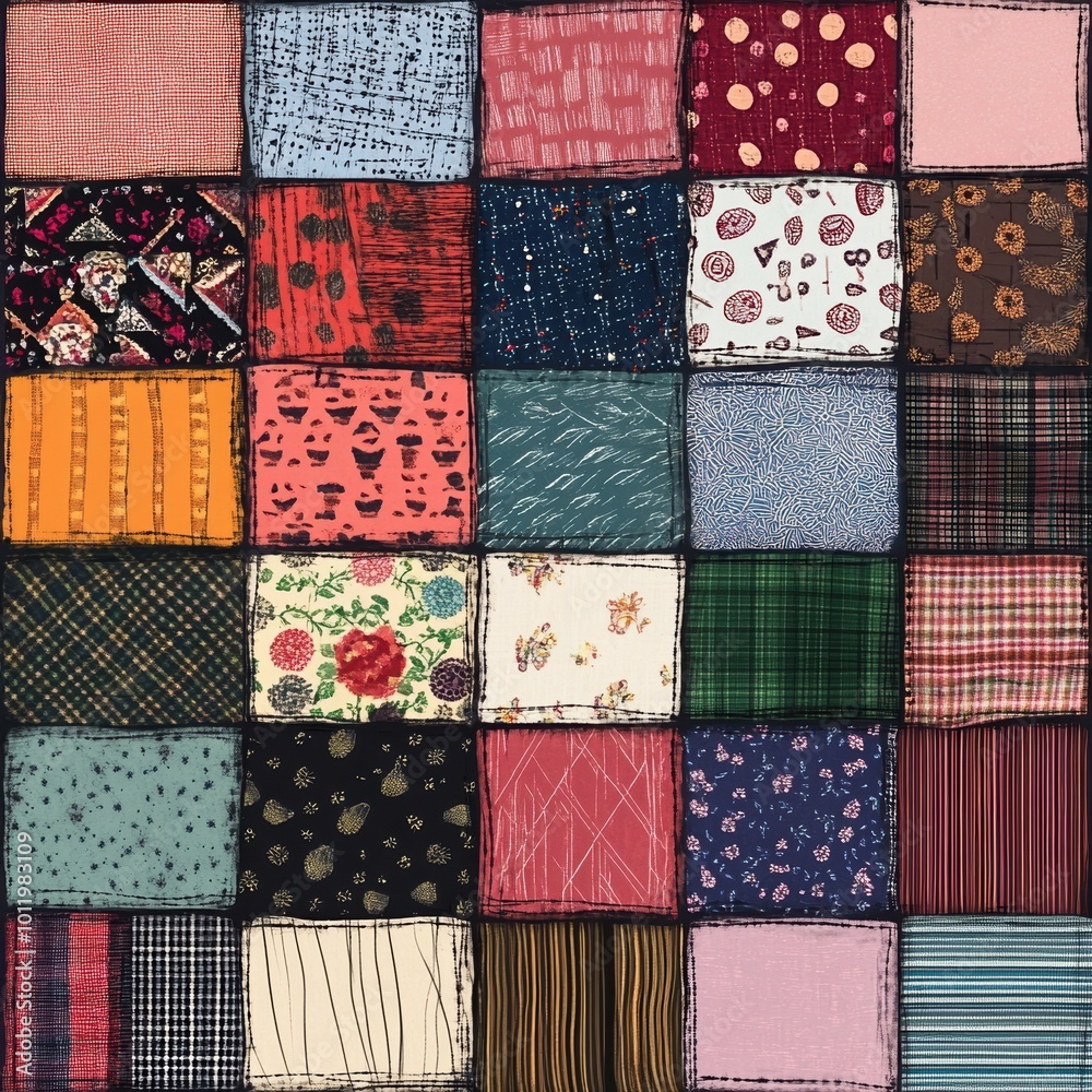 A neatly arranged patchwork quilt made from various fabric squares with a combination of floral, geometric, and striped patterns in bright, contrasting colors A neatly arranged patchwork quilt made from various fabric squares with a combination of floral, geometric, and striped patterns in bright, contrasting colors
