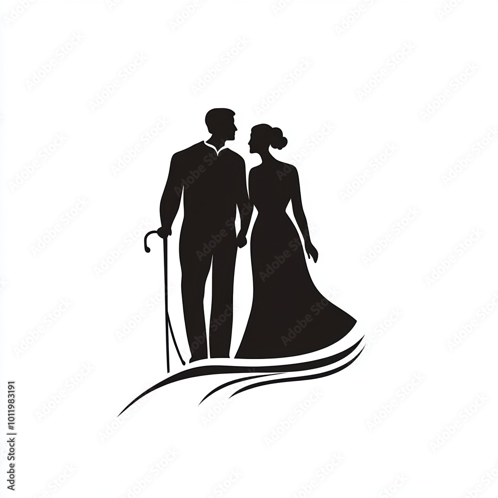 A simple, elegant silhouette of an elderly couple walking together, with the man holding a cane, representing companionship, care and support