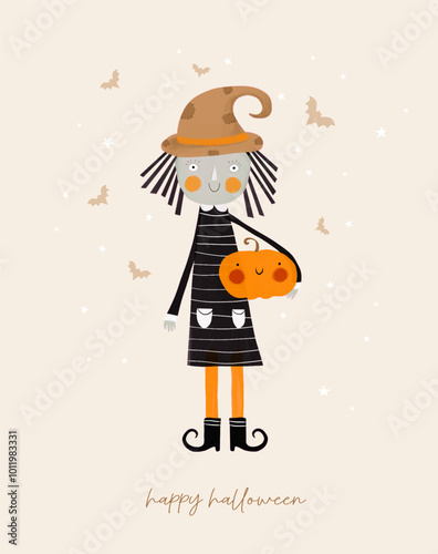 Little Witch Holding Happy Pumpkin. Girl in a Witch Costume. Halloween Card. Cute Hand Drawn Witch, Pumpkin, Stars and Flying Bats on a Light Beige Background. Funny Halloween Vector Illustration.