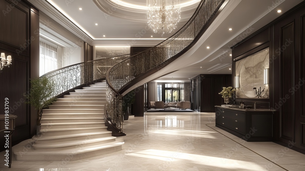Modern and opulent home interiors featuring an elegant staircase, foyer, and entrance ceiling. The luxurious kitchen renovation exudes sleek design and upscale architecture Modern and opulent home interiors featuring an elegant staircase, foyer, and entrance ceiling. The luxurious kitchen renovation exudes sleek design and upscale architecture