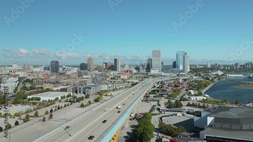 The yellow Hoan Bridge with light vehicle traffic along the Lake Michigan waterfront connects downtown Milwaukee with the more industrial south side.