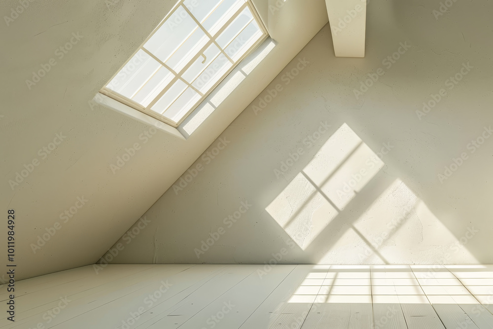 Fototapeta premium A room with a large window and a slanted roof