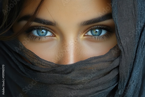 Close-Up Portrait of a Beautiful Woman with an Oriental Veil – Blue Eyes Against a Dark Background with Warm Tones