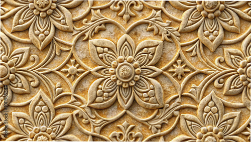 Carved stone texture with a realistic floral pattern on a decorative surface photo