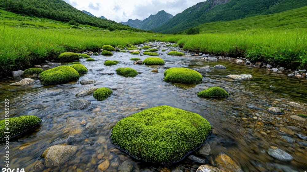 A photostock image of a peaceful mountain stream with moss-covered rocks and crystal-clear water flowing through A photostock image of a peaceful mountain stream with moss-covered rocks and crystal-clear water flowing through