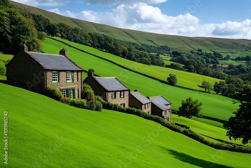 A quaint countryside village with rolling hills and traditional stone cottages, symbolizing the peaceful charm of rural tourism photo