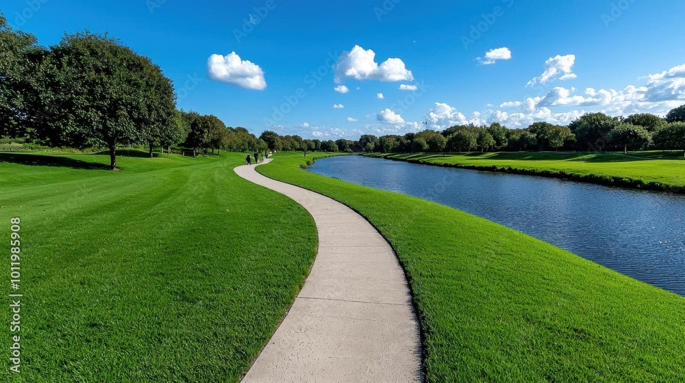 A photostock image of a peaceful riverside park with people walking along the path and enjoying the view A photostock image of a peaceful riverside park with people walking along the path and enjoying the view