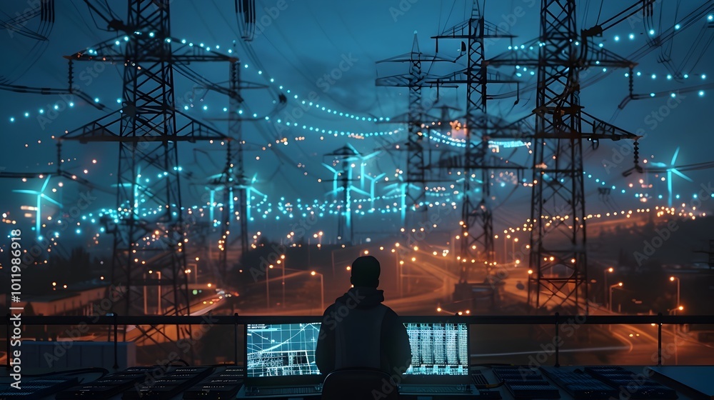 Futuristic Smart Grid Hub Powering Efficient Renewable Energy Management at Night Futuristic Smart Grid Hub Powering Efficient Renewable Energy Management at Night