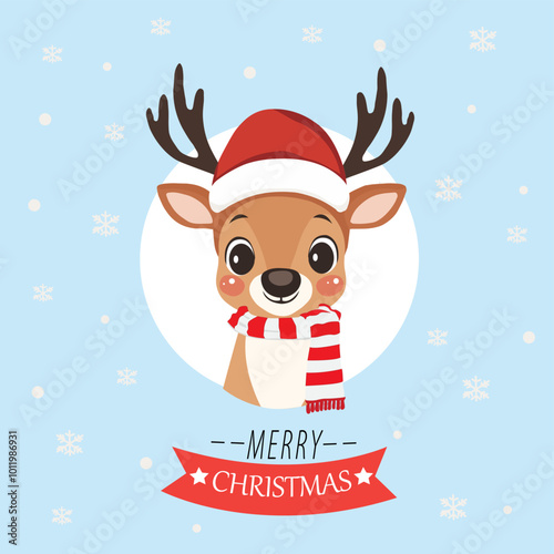 Cute Christmas reindeer wearing a Santa hat and scarf with snowflakes in the background