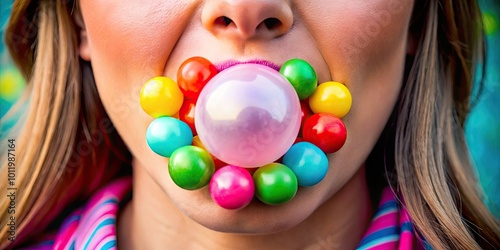 Colorful Chewing Gum Bubble Popping Against a Bright Background Creating a Fun and Playful Scene