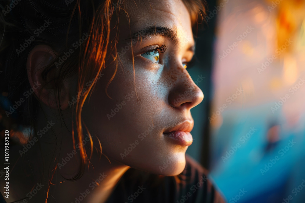 A woman with brown hair and a red face staring out of a window A woman with brown hair and a red face staring out of a window