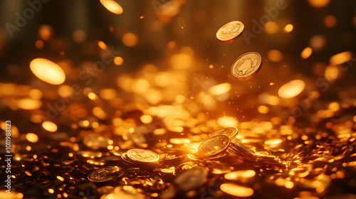 Golden Coins Falling on a Pile - 3D Illustration