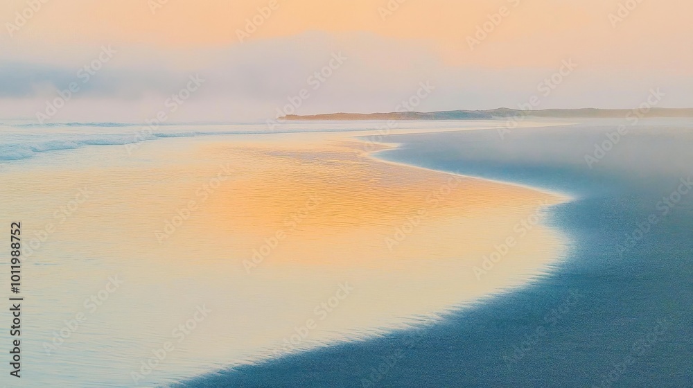 Obraz premium Gentle waves caress a smooth lavender sand beach under a delicate morning glow