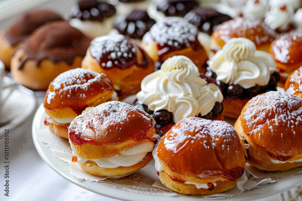 A white plate with a variety of donuts, including some with powdered sugar A white plate with a variety of donuts, including some with powdered sugar