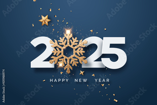 Festive 2025 New Year greeting card with a snowflake, stars, and confetti on a navy background