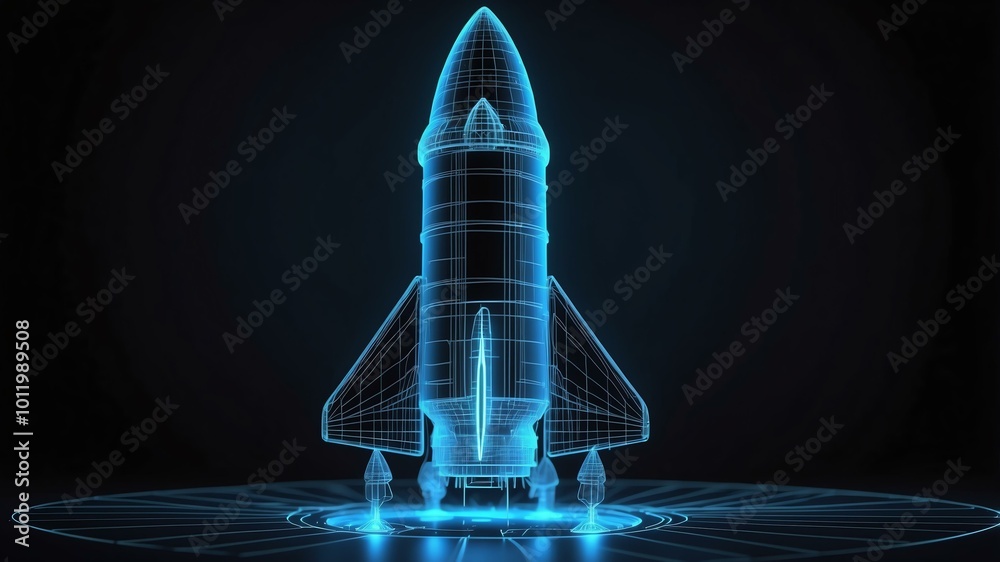 3d wireframe model of a rocket ship design concept background