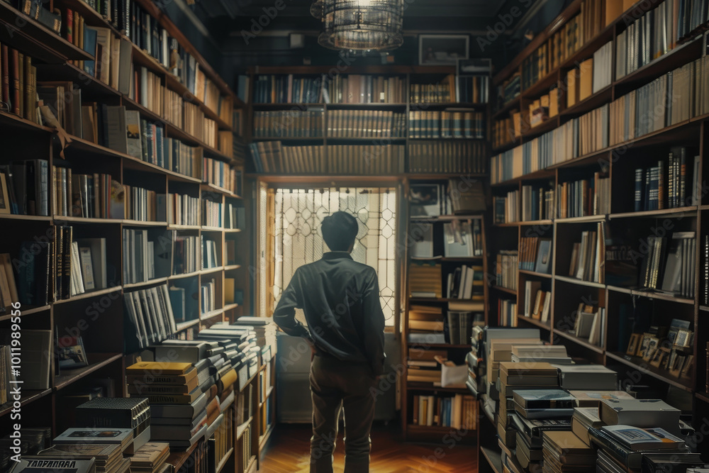 A man stands in a library with many bookshelves A man stands in a library with many bookshelves