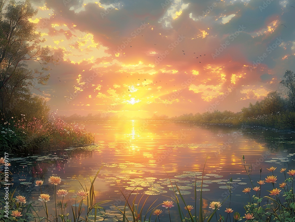 Golden Sunset Over a Tranquil Lake - Beautiful Nature Photography Golden Sunset Over a Tranquil Lake - Beautiful Nature Photography