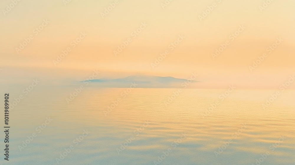 A calm coastal view at dawn featuring soft waves and a misty island silhouette A calm coastal view at dawn featuring soft waves and a misty island silhouette