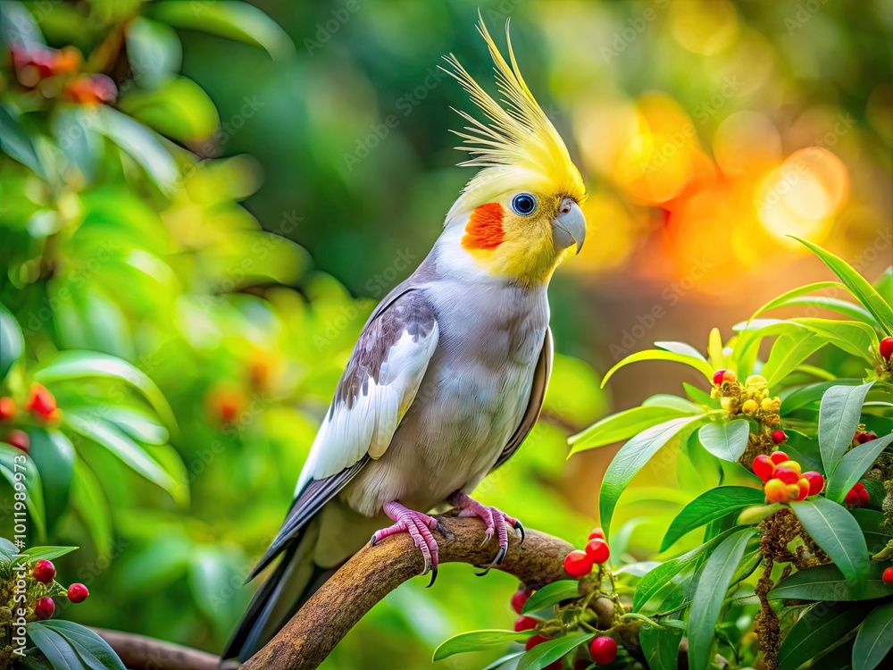 Colorful Cockatiel Perched on a Branch with Lush Green Foliage in a Bright Natural Setting Colorful Cockatiel Perched on a Branch with Lush Green Foliage in a Bright Natural Setting