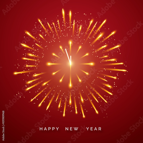 Fireworks burst around a clock striking midnight on a red background