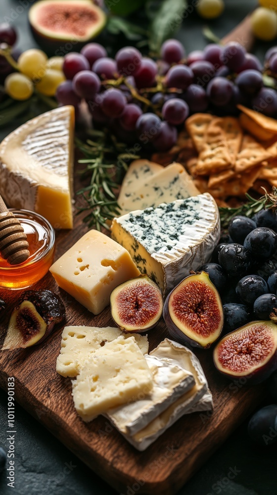 Rustic Gourmet Cheese Board with Honey, Grapes, and Figs for Fine Dining and Culinary Display Rustic Gourmet Cheese Board with Honey, Grapes, and Figs for Fine Dining and Culinary Display