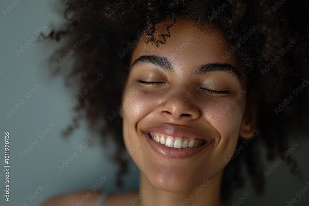 A woman with curly hair is smiling and looking at the camera A woman with curly hair is smiling and looking at the camera