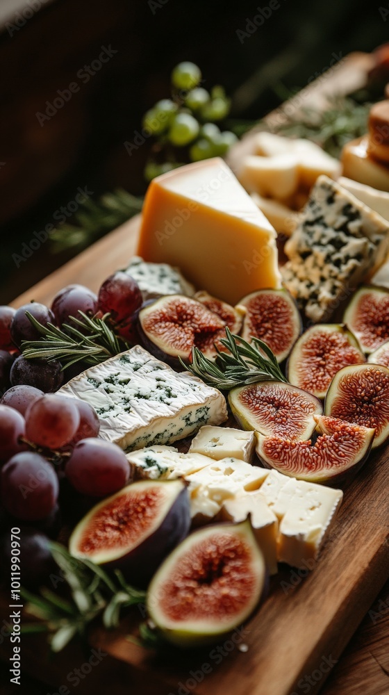 Rustic Gourmet Cheese Board with Honey, Grapes, and Figs for Fine Dining and Culinary Display Rustic Gourmet Cheese Board with Honey, Grapes, and Figs for Fine Dining and Culinary Display