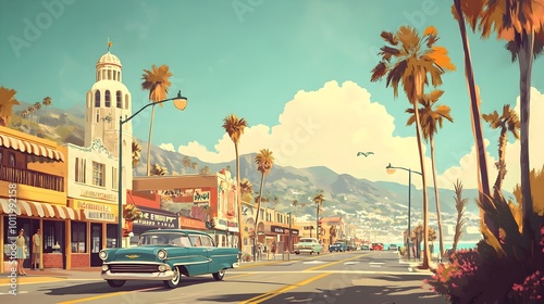 A nostalgic poster for a fictional travel destination in the 1950s