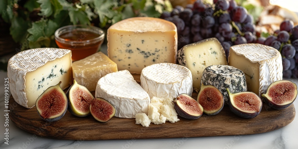 Rustic Gourmet Cheese Board with Honey, Grapes, and Figs for Fine Dining and Culinary Display Rustic Gourmet Cheese Board with Honey, Grapes, and Figs for Fine Dining and Culinary Display