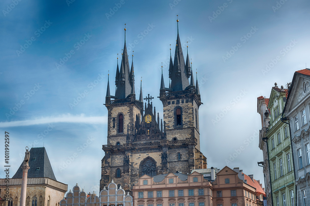 Fototapeta premium Church of Our Lady before Tyn dominating Prague skyline with its majestic gothic architecture, Czech Republic