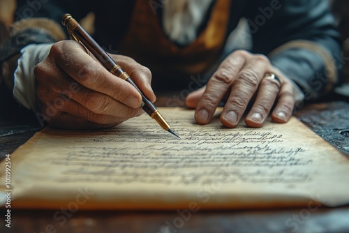 Closeup of a man's hand writing with a fountain pen on a parchment paper.