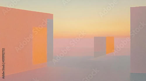 Gently colored structures arise from a surreal mist at dusk creating a tranquil atmosphere