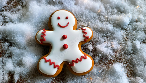 Sweet gingerbread man with a smiling face, surrounded by twinkling snowflakes.
