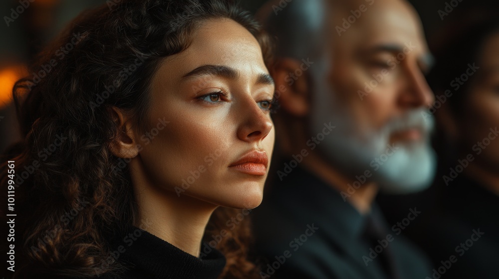 Family Mourning Together at Funeral Service with Subdued Emotional Atmosphere Family Mourning Together at Funeral Service with Subdued Emotional Atmosphere